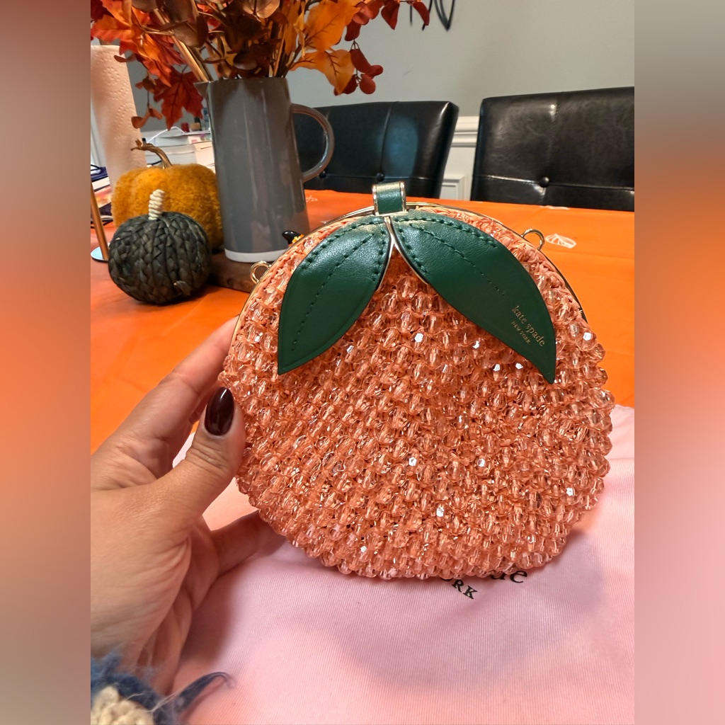 Orange Beaded Handbag With Green Leaf Accent